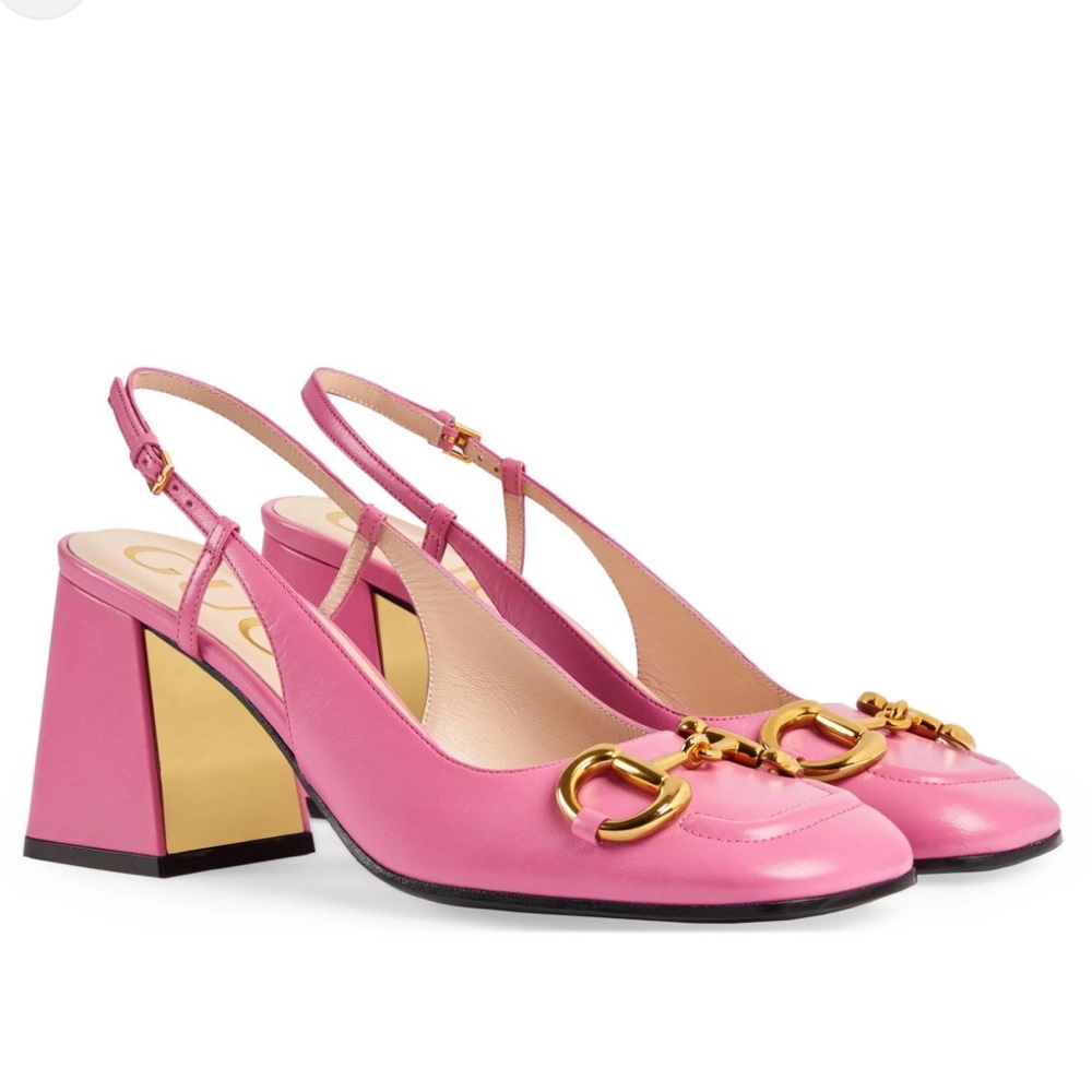 Gucci Women’s mid-heel sling back heels with Horsebit Pink leather pumps